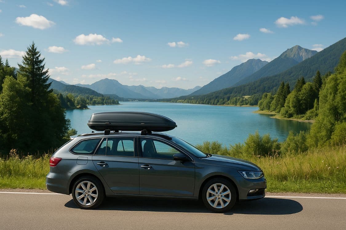 Auto met dakkoffer langs een bergmeer — klaar voor vakantie